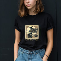 Bruja Vintage en Escoba Luna Llena y Murciélagos H