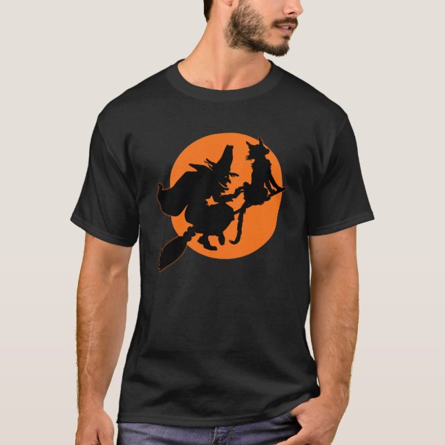 Camiseta Bruja voladora de Halloween y gato negro (Anverso)