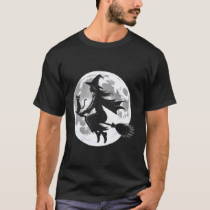 Camiseta Bruja Voladora En Escoba Halloween Luna Llena Bla