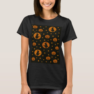 Camiseta Bruja voladora naranja de Halloween y calabazas