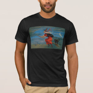 Camiseta Bruja volando con gato negro en la noche de Hallow