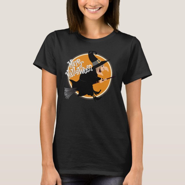 Camiseta Bruja volando en Broomstick Feliz Halloween (Anverso)