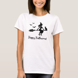 Camiseta Bruja volando en una escoba Texto Feliz Halloween