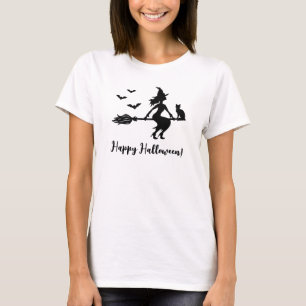 Camiseta Bruja volando en una escoba Texto Feliz Halloween