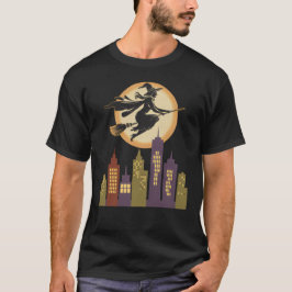 Camiseta Bruja volando sobre un paisaje retro