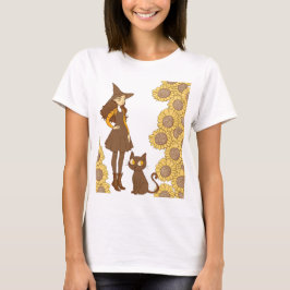 Camiseta "Bruja y gato de Halloween con girasoles"