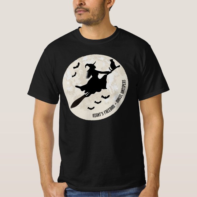 Camiseta bruja y gato volando en una escoba (Anverso)