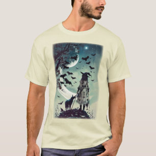 Camiseta Bruja Y Lobo De Halloween Con Luna Llena Y Bats