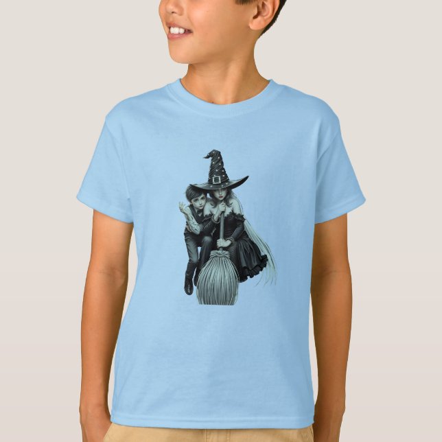 Camiseta Bruja y niño de Halloween: Dúo mágico oscuro (Anverso)