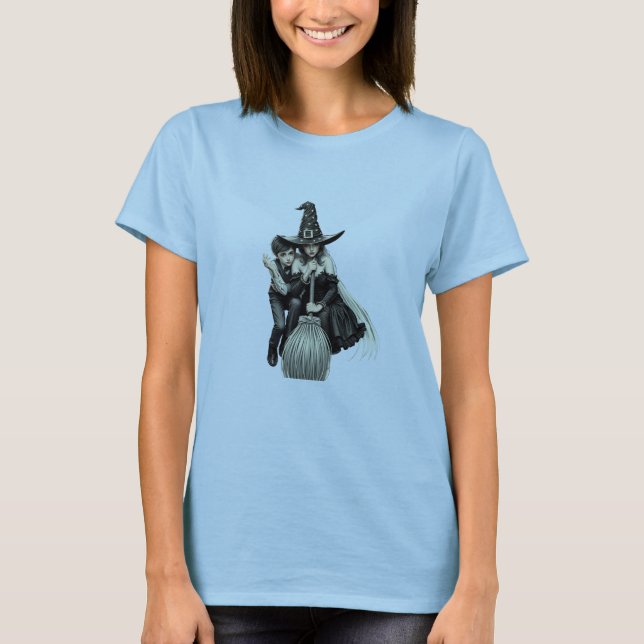 Camiseta Bruja y niño de Halloween: Dúo mágico oscuro (Anverso)