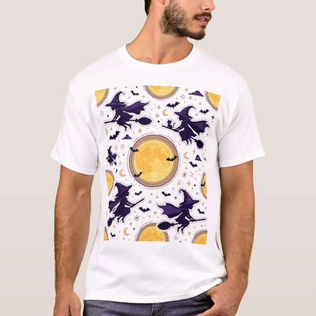 Camiseta Brujas Voladoras Patrón de Halloween de Luna Llena (Anverso)