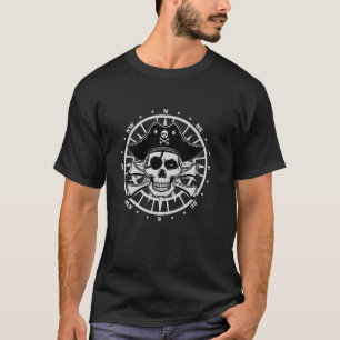 Camiseta Brújula Deteriorada de Cráneo de Pirata y Cuchilla