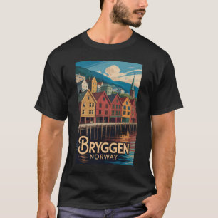 Camiseta Bryggen Noruega Ilustración Arte de Viaje Bergen
