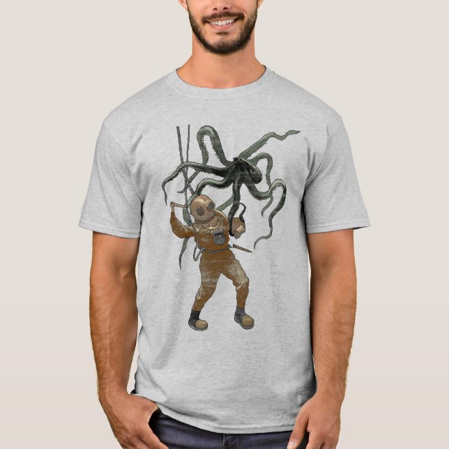 Camiseta Buceador de casco antiguo con cuchillo y pulpo (Anverso)