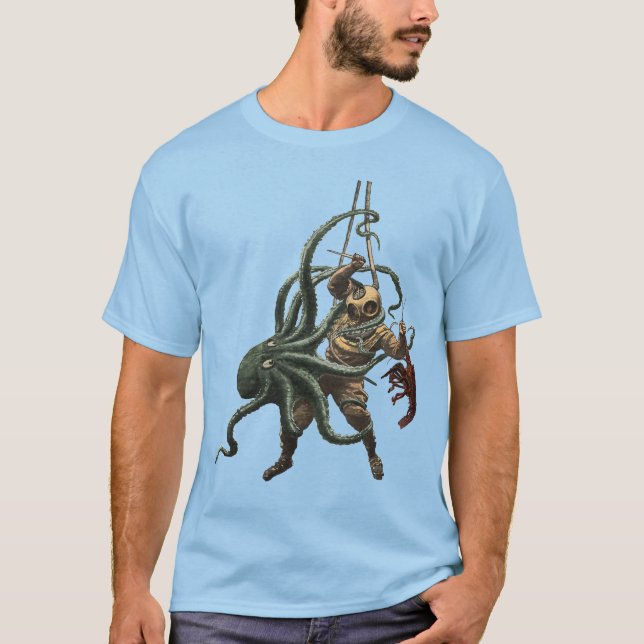 Camiseta Buceador de casco antiguo con langosta y octopo (Anverso)