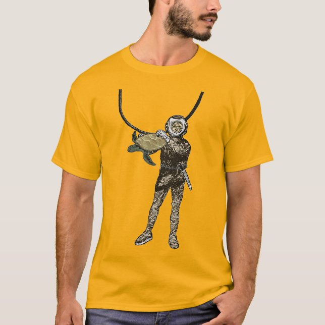Camiseta Buceador de casco antiguo sostiene una tortuga baj (Anverso)