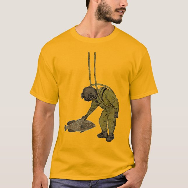 Camiseta Buceador de época con casco de buceo y pescado (Anverso)