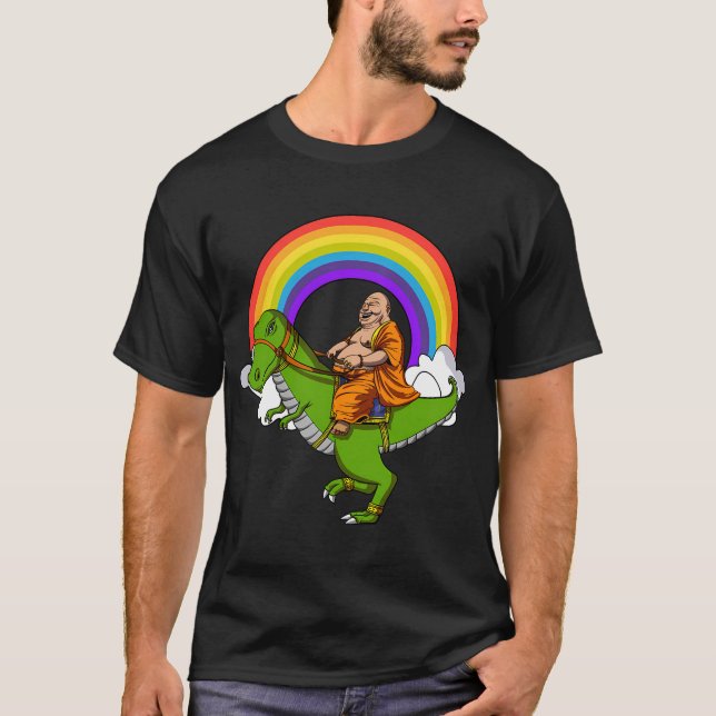 Camiseta Buda montando dinosaurio T-Rex (Anverso)