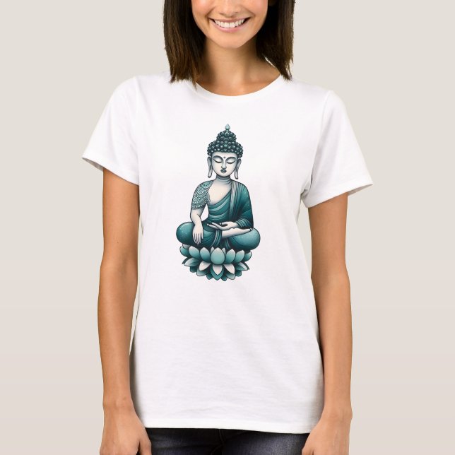 Camiseta Buda verde azulado en una pose de loto (Anverso)