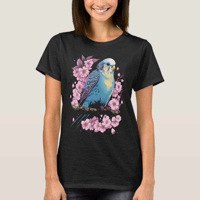 Camiseta Budgie Budgerigar Bird Japan Cherry Sakura Flow (Anverso)