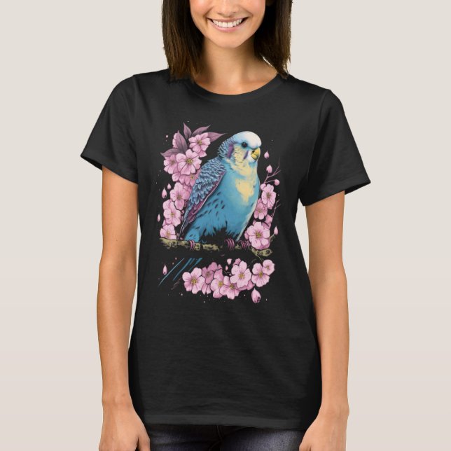 Camiseta Budgie Budgerigar Bird Japanese Cherry Sakura Flow (Anverso)