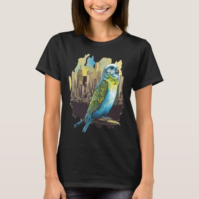 Camiseta Budgie Budgerigar Parakeet City Skyline Parrot Bir (Anverso)