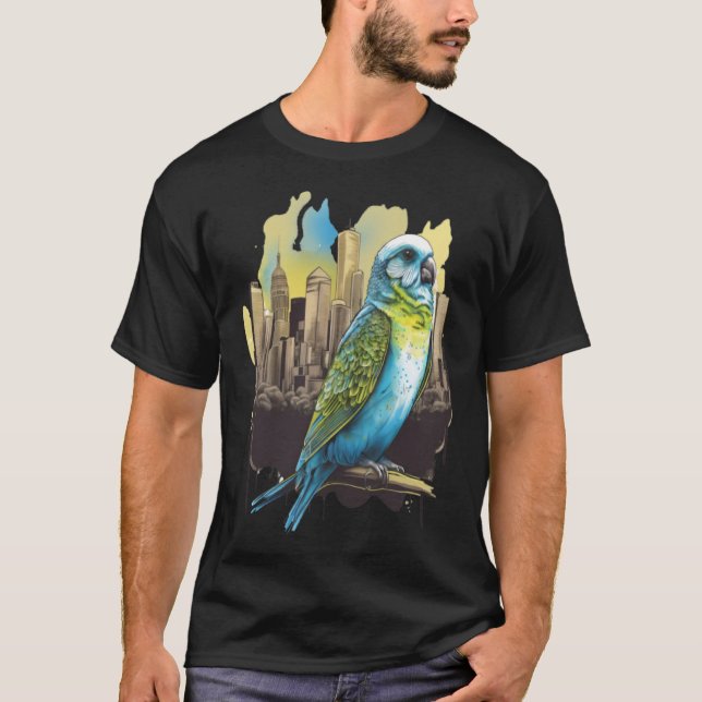 Camiseta Budgie Budgerigar Parakeet City Skyline Parrot Bir (Anverso)