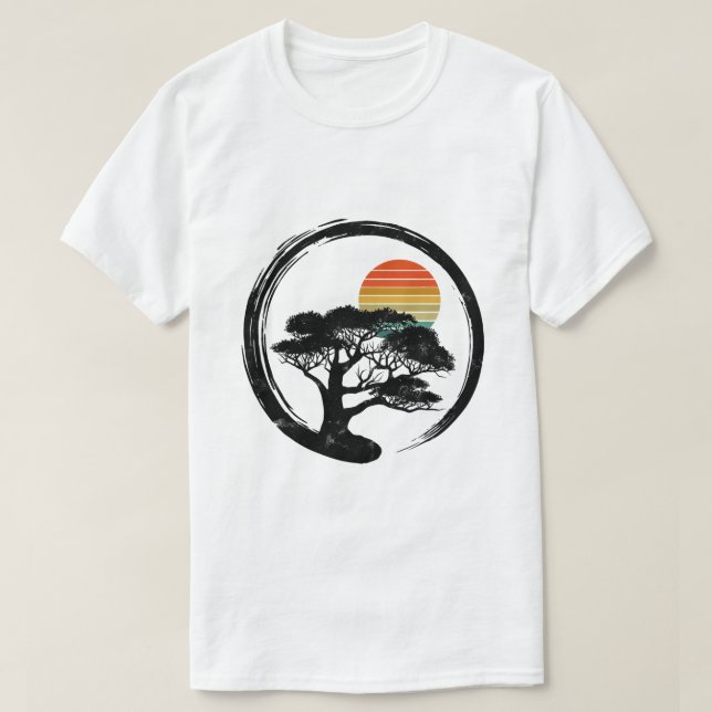Camiseta Budista del bonsai Tree japonés Sun Retro (Diseño del anverso)