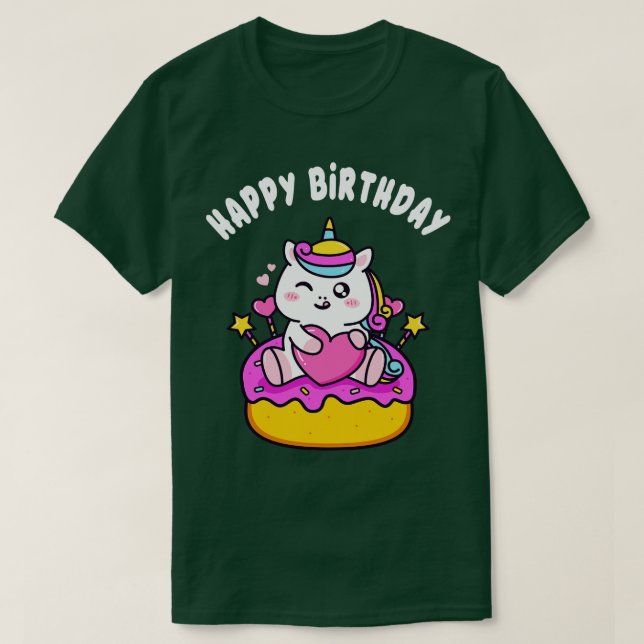 Camiseta Buenos cumpleaños, Unicornio con Chicas de pastele (Diseño del anverso)