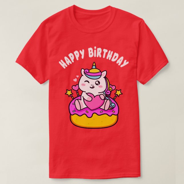 Camiseta Buenos cumpleaños, Unicornio con Chicas de pastele (Diseño del anverso)