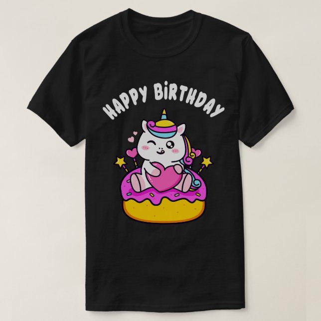Camiseta Buenos cumpleaños, Unicornio con Chicas de pastele (Diseño del anverso)