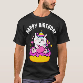 Camiseta Buenos cumpleaños, Unicornio con Chicas de pastele