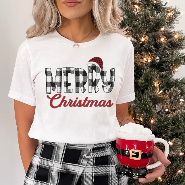Camiseta Búfalo blanco y negro en la alegría navideña (Black & White Buffalo Plaid Cheery Merry Christmas T-Shirt)