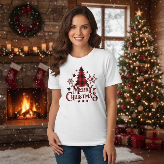 Camiseta Búfalo de granja moderno en Navidad (Modern Farmhouse Buffalo Plaid Merry Christmas T-Shirt)