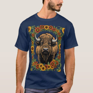 Camiseta Búfalo de Oklahoma Rodeado de Flores Estilizadas