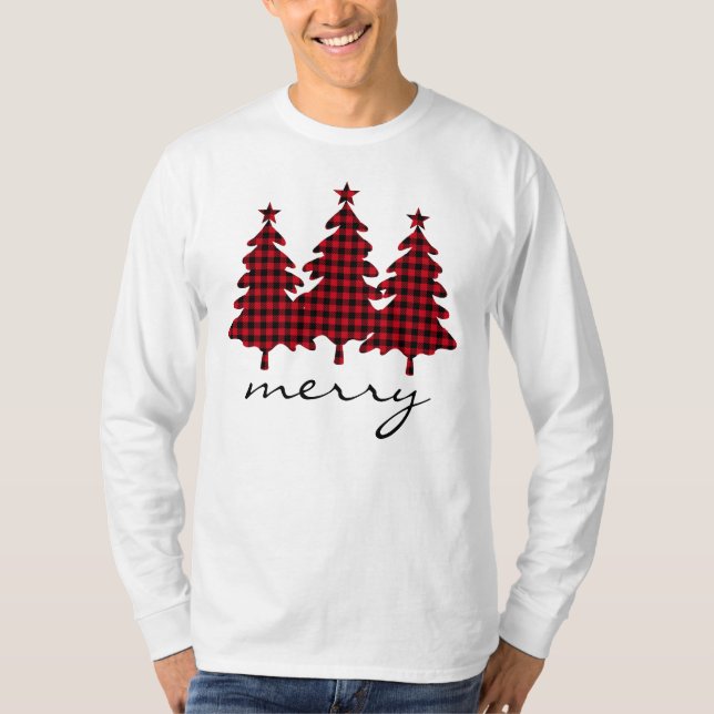Camiseta Búfalo Rojo Cheque Pine Trees Merry (Anverso)