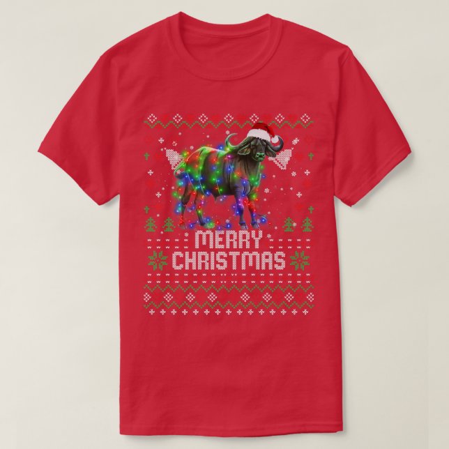 Camiseta Búfalo Santa Hat Animal Árbol de Navidad Iluminaci (Diseño del anverso)