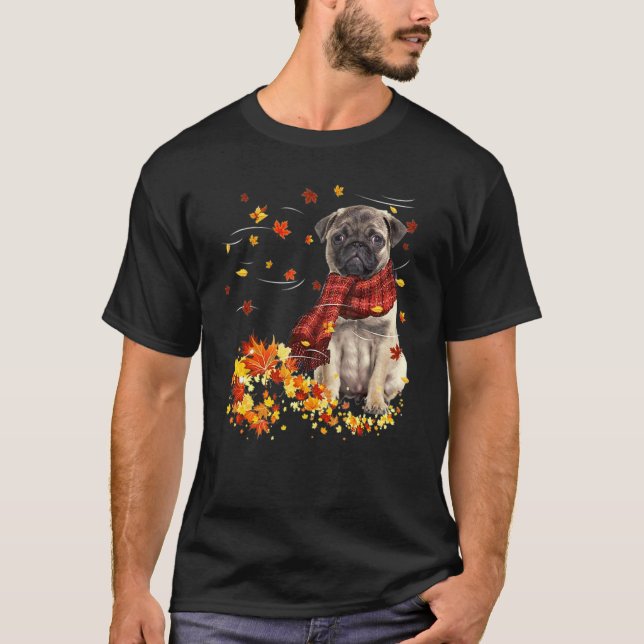 Camiseta Bufanda de Otoño Pug Perro Hojas Caídas de Otoño (Anverso)