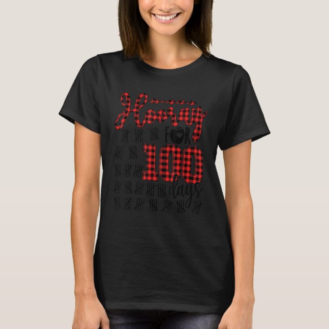 Camiseta Buffalo Plaid Happy 100th Day of School Hooray for (Anverso)