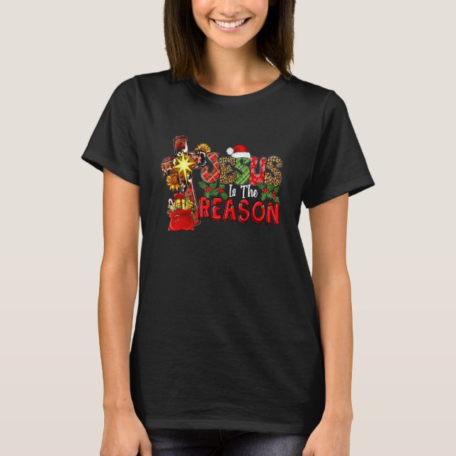 Camiseta Buffalo Plaid Leopard Jesus Is The Reason Christma (Anverso)