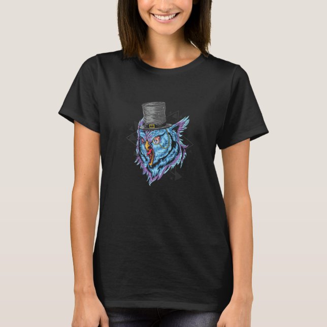 Camiseta Búho añil morado con triángulos Synthwave Distress (Anverso)