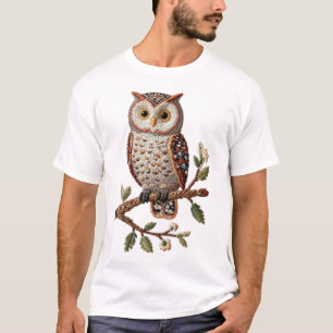 Camiseta Búho Bordado en Rama Diseño de Arte de Naturaleza