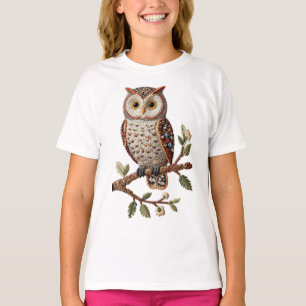 Camiseta Búho Bordado en Rama Diseño de Arte de Naturaleza 