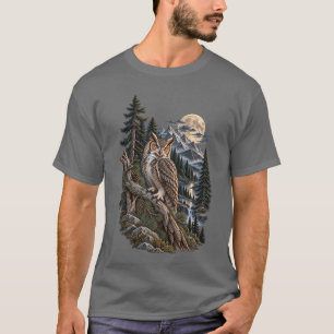 Camiseta Búho Cornudo Luna Llena Montaña Salvaje