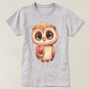 Camiseta Búho de dibujos animados adorable sosteniendo rosa