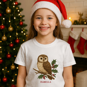 Camiseta Búho de Navidades de bordado rústico con Holly