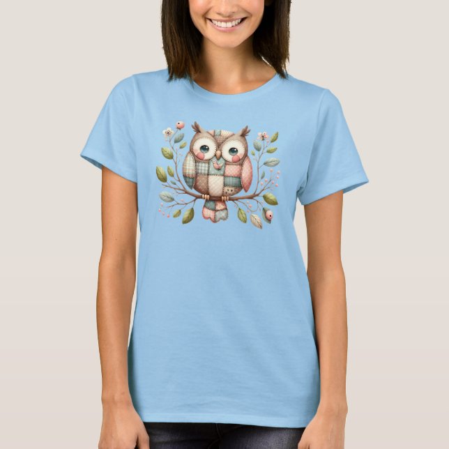 Camiseta Búho de patchwork en bosque caprichoso (Anverso)