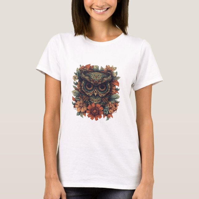 Camiseta Búho de Sabiduría Floral (Anverso)