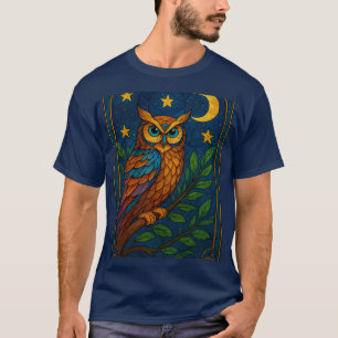 Camiseta Búho de Vidrio Pintado Bajo la Luna y las Estrella