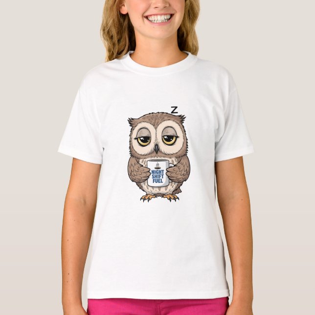 Camiseta Búho Dormido Cansado Combustible para el Turno de  (Anverso)